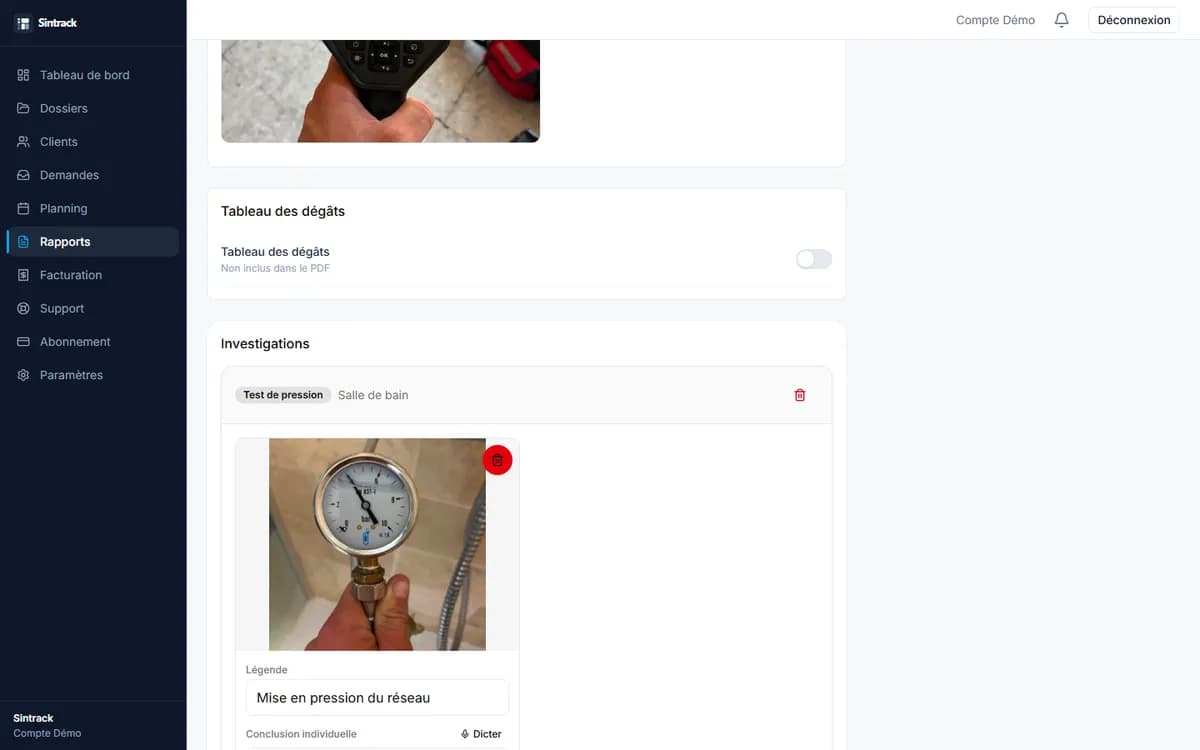 Rapport d'intervention dans Sintrack : investigation « Test de pression » en salle de bain, photo du manomètre, légende « Mise en pression du réseau » et bouton Dicter