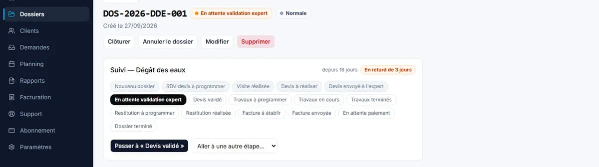 Étapes d'un dossier de sinistre dans Sintrack