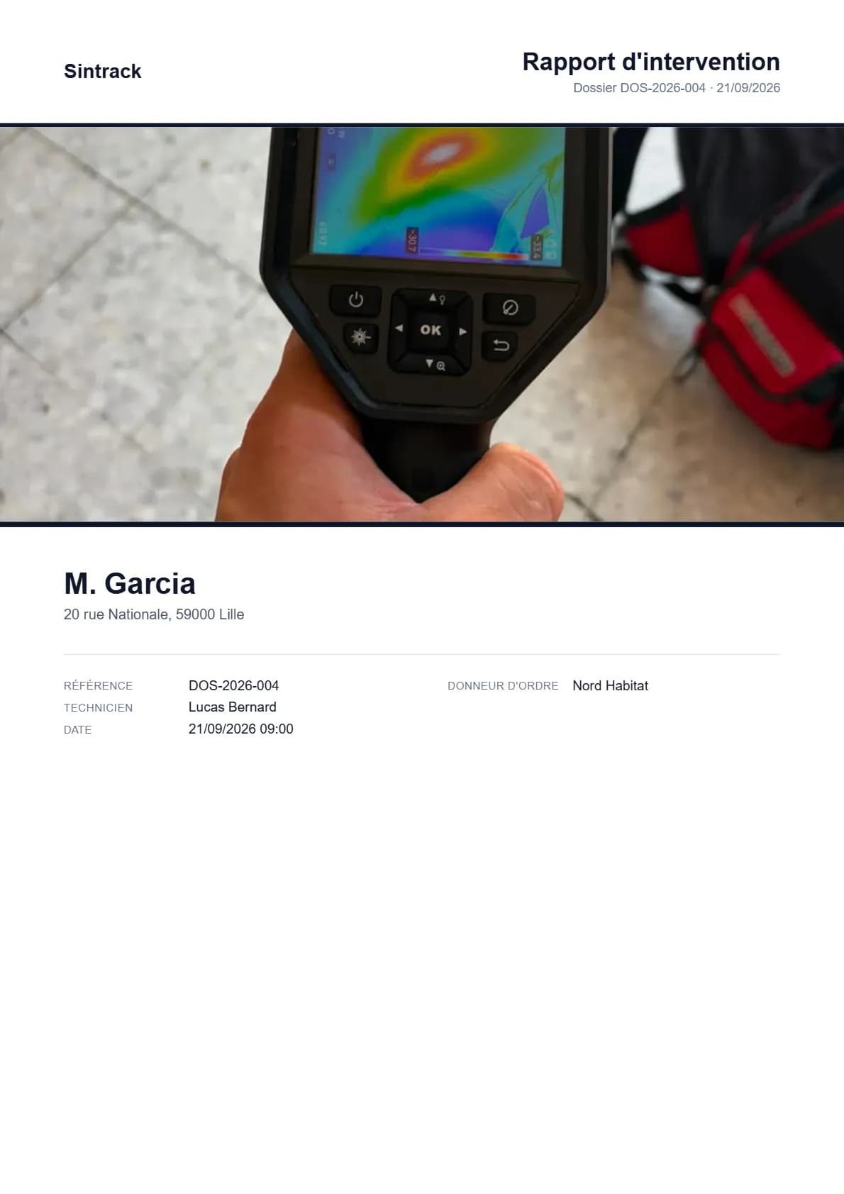 Première page d'un rapport PDF Sintrack